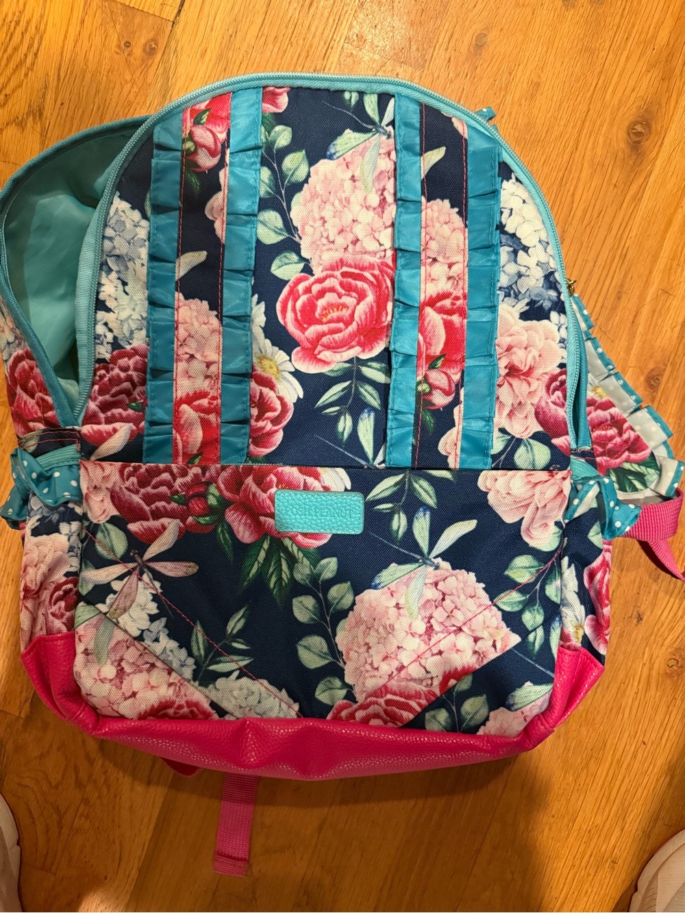 Posh Peanut Navy Floral Backpack with Turquoise Trim and Pink Base
